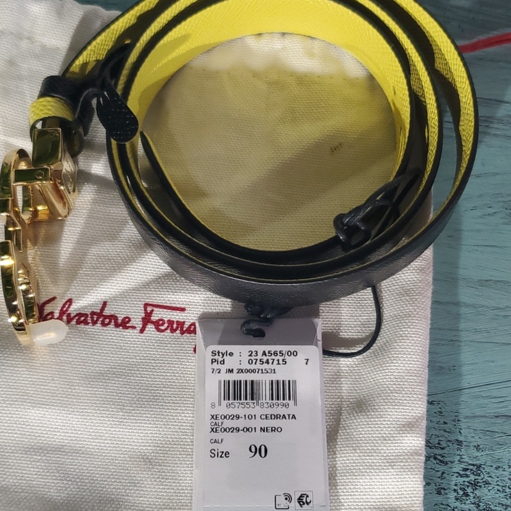 Salvatore Ferragamo Black and Yellow Leather Belt with Gold Gancini Buckle - New - Picture 5 of 6